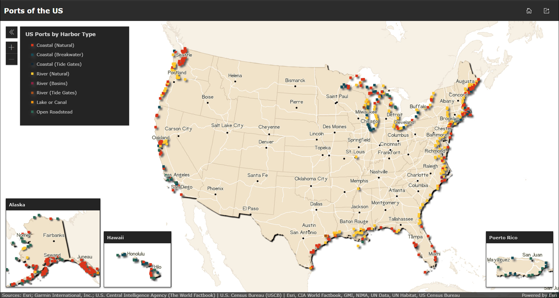 Ports and harbor types mapped on the contiguous US with Alaska, Hawaii, and Puerto Rico included as inset maps.