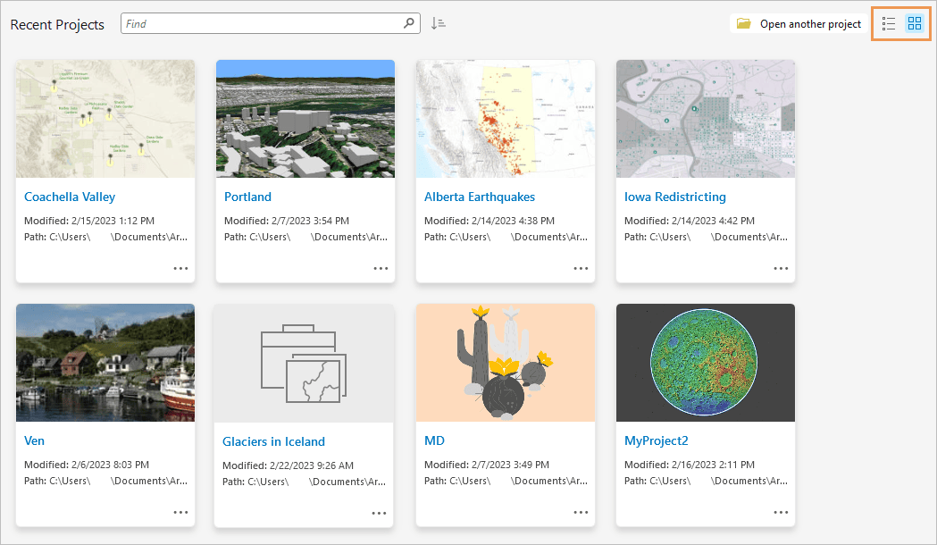 Tile view of recent projects on the ArcGIS Pro start page