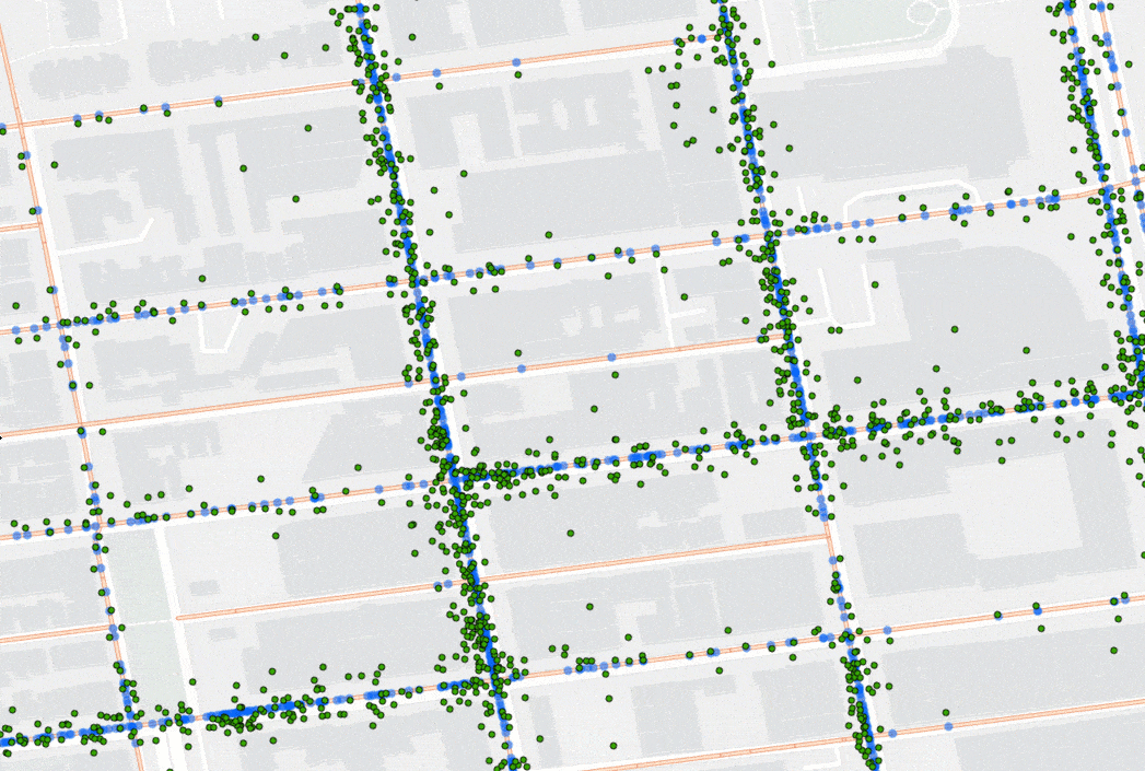 Animated image of GPS track data being snapped to align with a street network