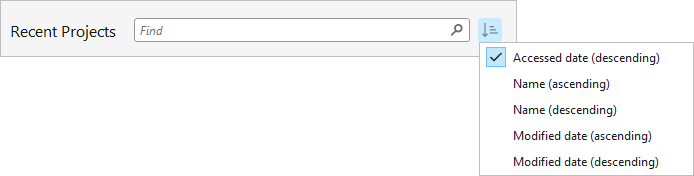 Find bar and Sort drop-down list for recent projects