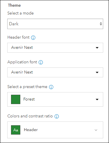 Configuration options for selecting a light or dark mode, font, theme, and colors.