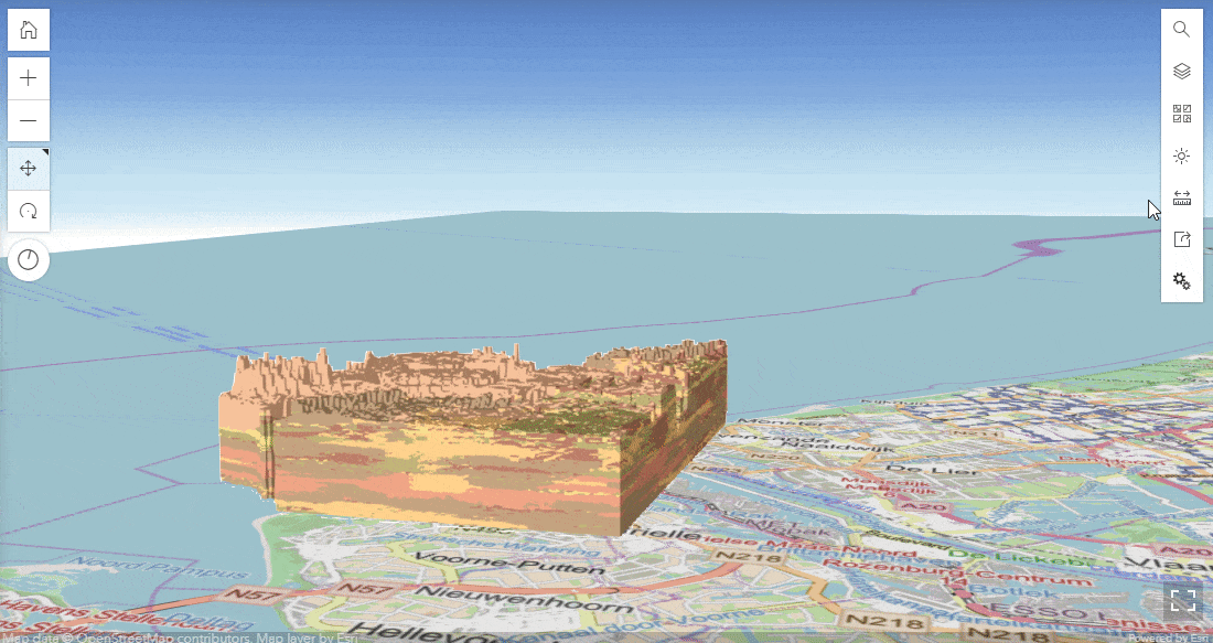 The voxel scene layer coming from the Geological Survey of the Netherlands, which shows a subsurface model of soil lithology.
