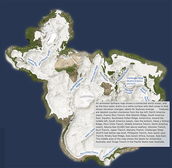A screengrab showing alt text describing a complex Spilhaus map from an ArcGIS StoryMap called Why we map the ocean floor A screengrab showing alt text describing a complex Spilhaus map from an ArcGIS StoryMap called Why we map the ocean floor