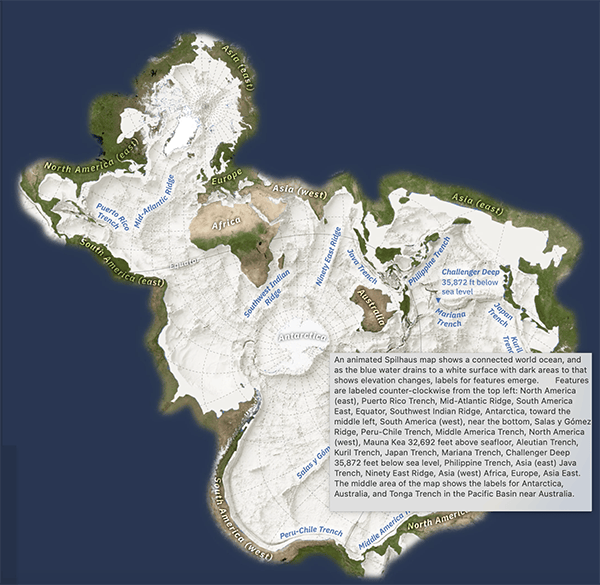 A screengrab showing alt text describing a complex Spilhaus map from an ArcGIS StoryMap called Why we map the ocean floor