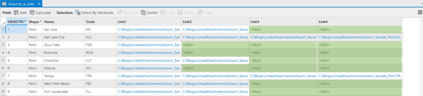 Attribute table with hyperlinks and null values.