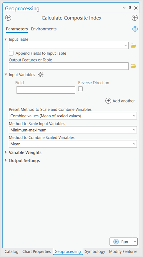 Screenshot of the Calculate Composite Index tool in ArcGIS Pro