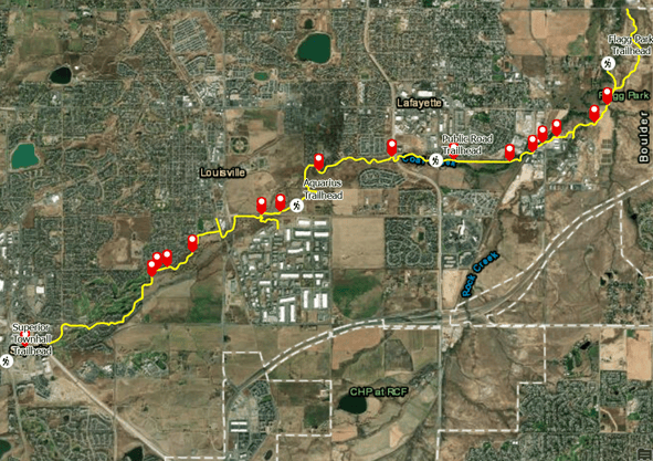 Map of Coal Creek Trail with point features representing maintenance issues