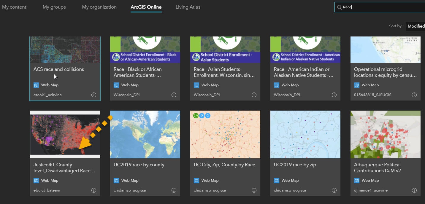 The image displays Disadvantaged Groups by Race web map in ArcGIS Online gallery.