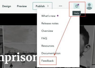 A red rectangle shows the location of the feedback form under the help menu in the ArcGIS StoryMaps builder