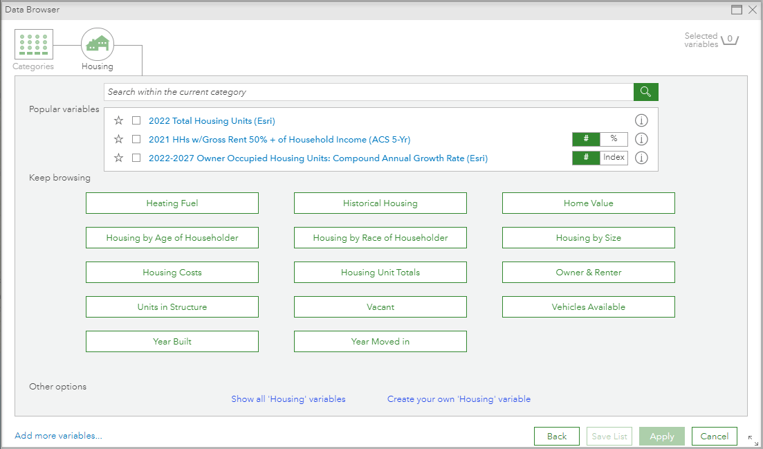 Variables and subcategories within a category