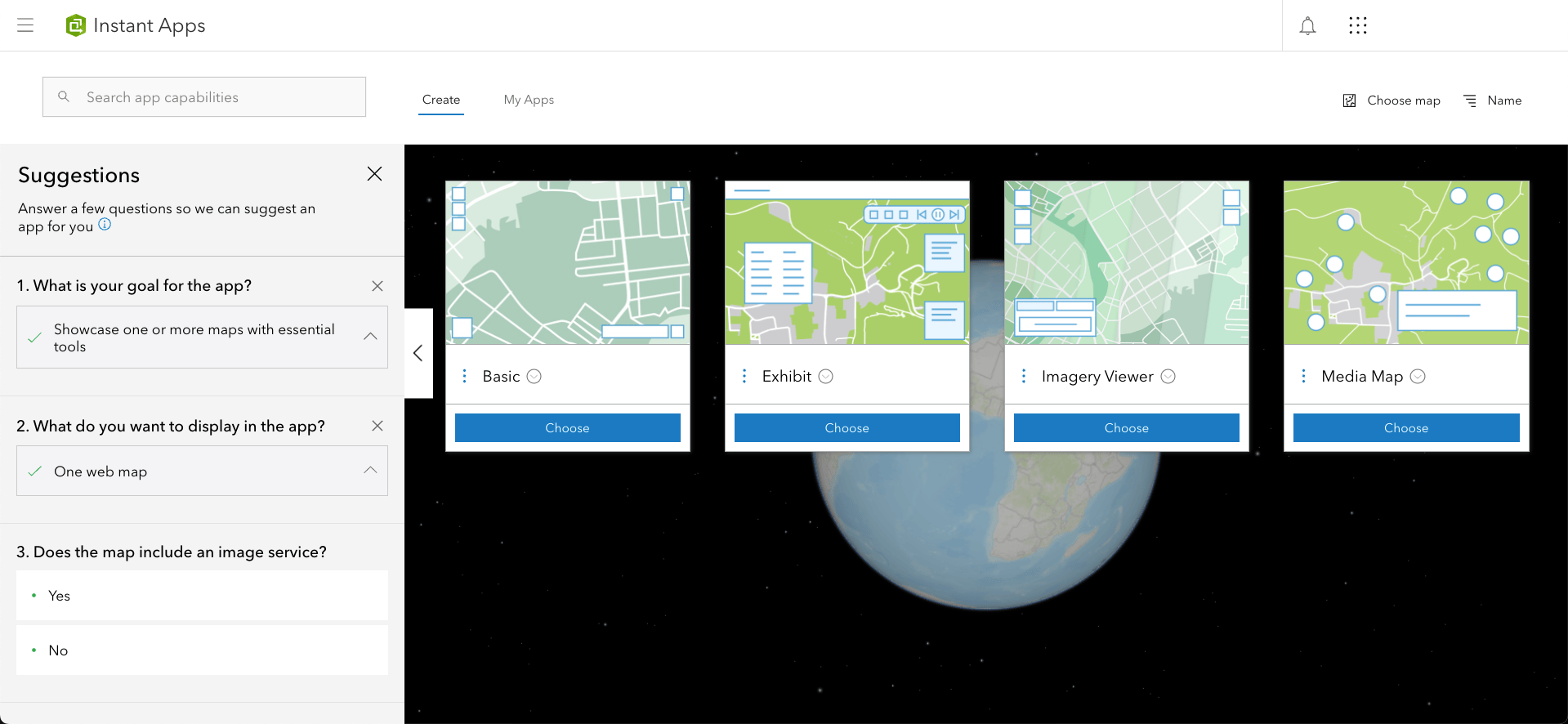 ArcGIS Instant Apps now have a suggestion panel that opens by default when creating apps to help you choose the perfect app.