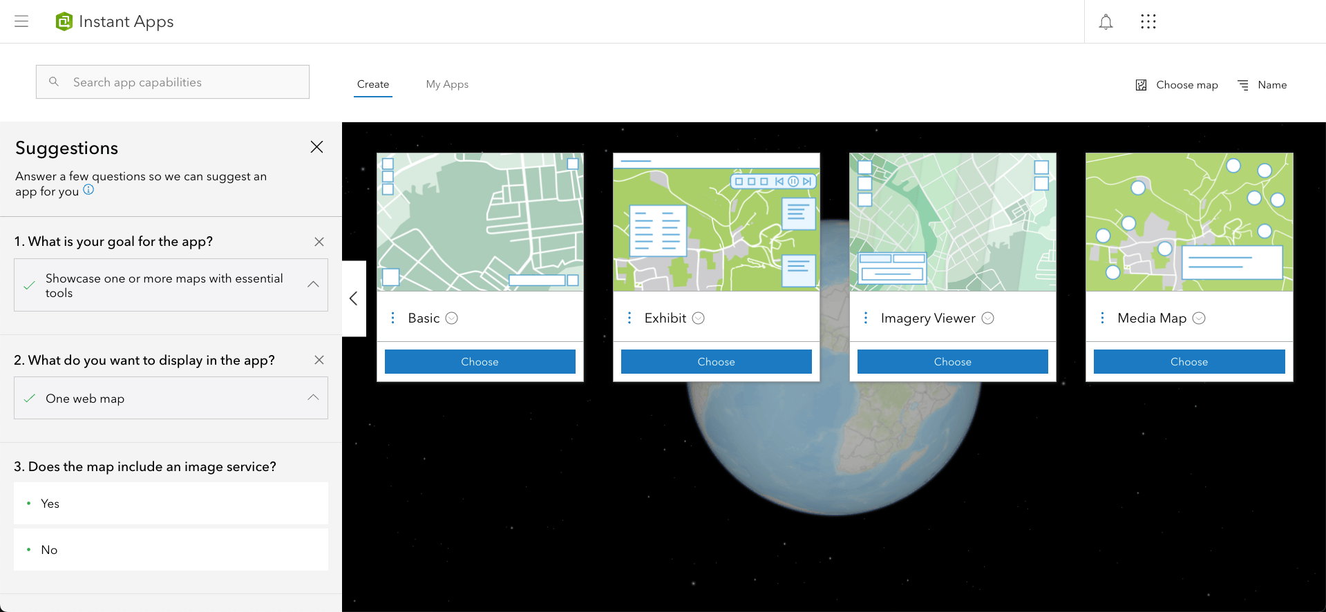 ArcGIS Instant Apps now have a suggestion panel that opens by default when creating apps to help you choose the perfect app. ArcGIS Instant Apps now have a suggestion panel that opens by default when creating apps to help you choose the perfect app.