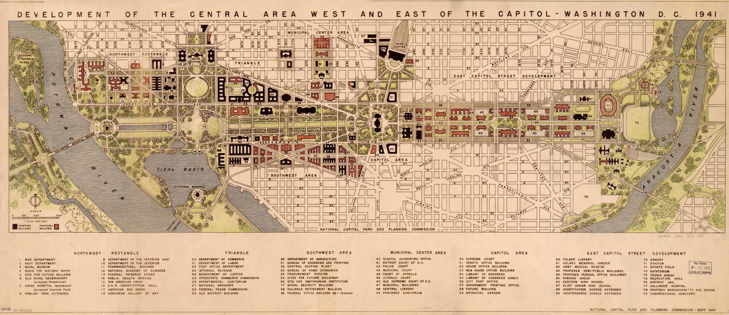 Map of 'Development of the Central Area West and East of the Capitol - Washington D.C. 1941' from the Library of Congress