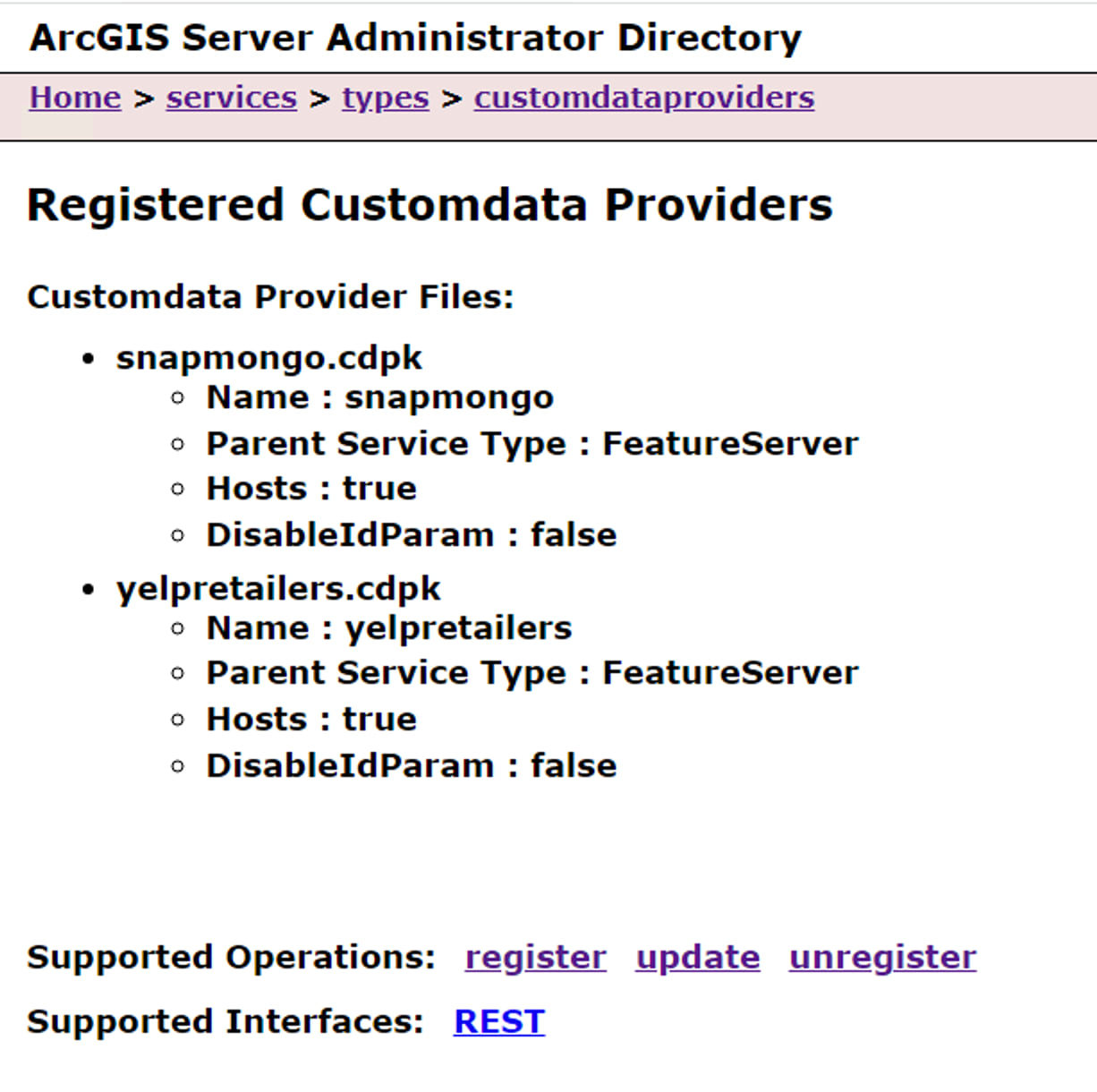 MongoDB and Yelp custom providers registered with ArcGIS Server.