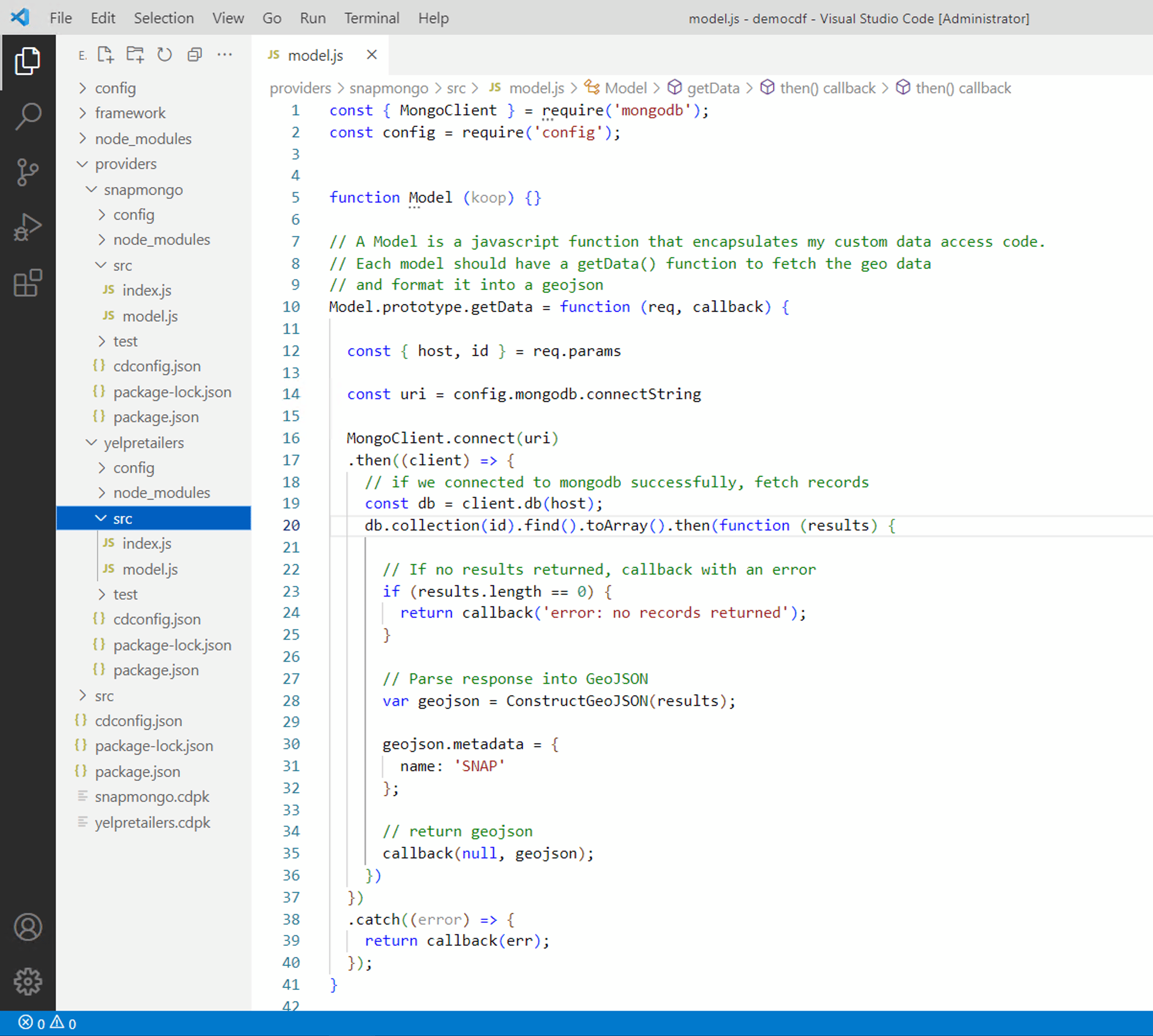 model.js file containing code that fetches data from the MongoDB database.