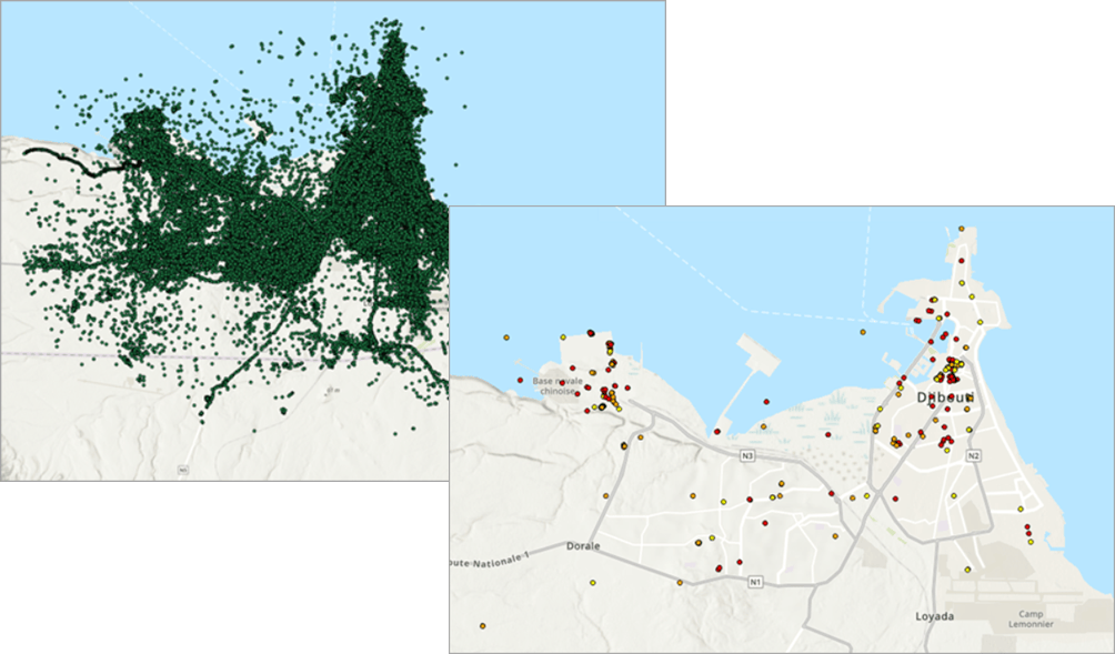 Map with point features before and after using the Find Cotravelers tool. Map with point features before and after using the Find Cotravelers tool.