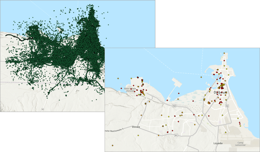 Map with point features before and after using the Find Cotravelers tool.