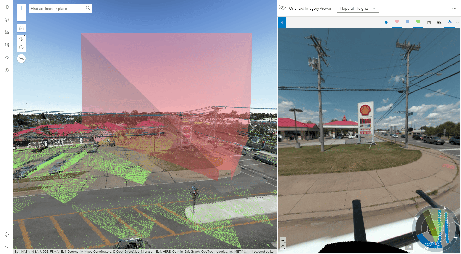 Screenshot of the Oriented Imagery Explorer web app showing a 3D scene on the left and a corresponding image on the right.