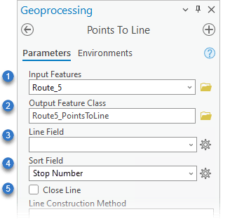 Points to Line geoprocessing tool with steps