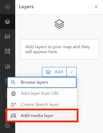 A screenshot of the layer panel in ArcGIS Map Viewer, with the add layer dropdown menu open and the media layer option highlighted