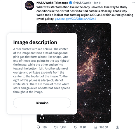 A screenshot from NASA's Webb telescope social media account providing a detailed image description