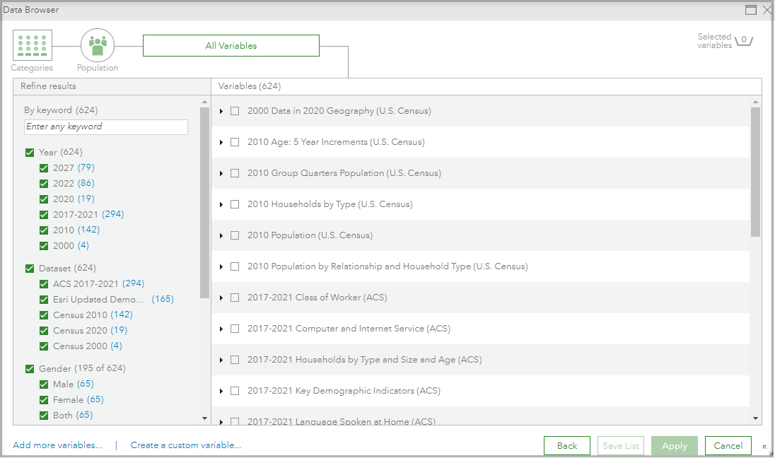 All variables within a category