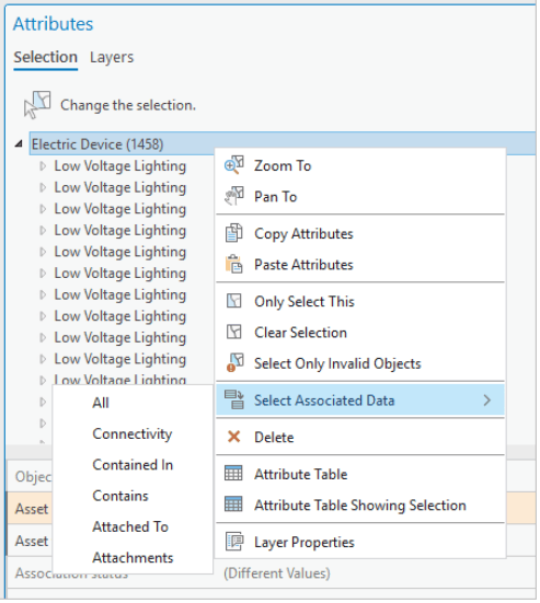Select Associated Data command in the Attributes pane displaying valid association types for the selected layer.
