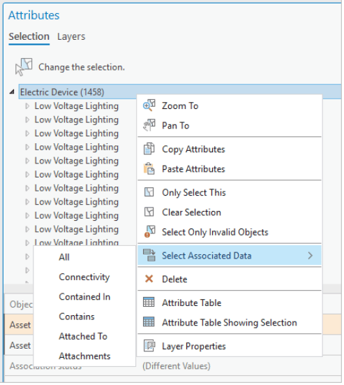 Select Associated Data command in the Attributes pane displaying valid association types for the selected layer. Select Associated Data command in the Attributes pane displaying valid association types for the selected layer.