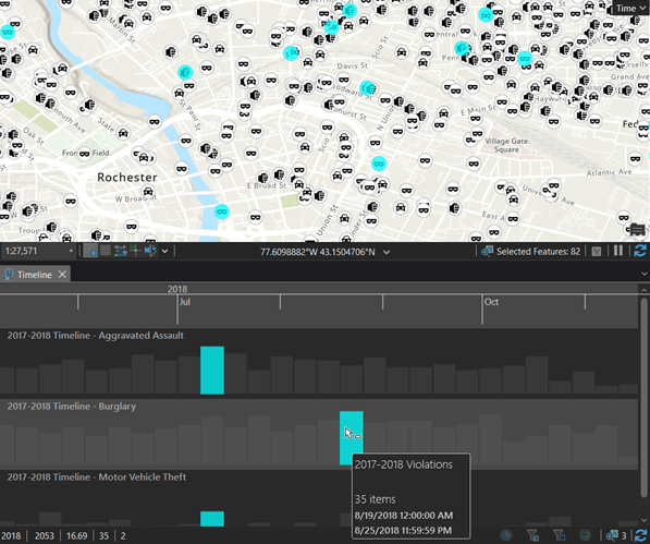 Map and timeline in summary view with point features selected. Map and timeline in summary view with point features selected.