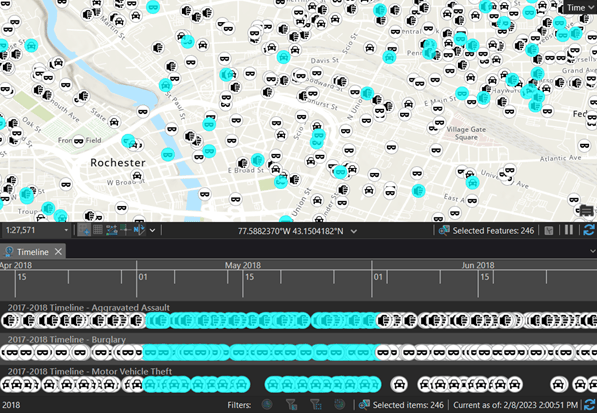 Map and timeline with point features selected.