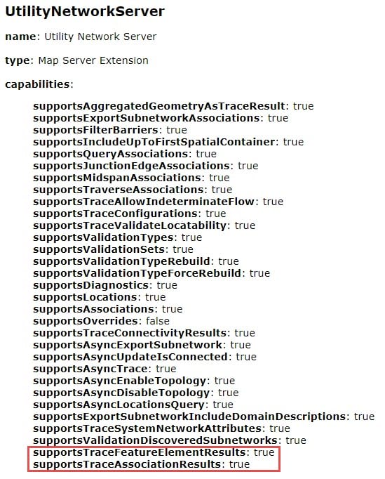 Two new capabilities, supportsTraceFeatureElementResults and supportsTraceAssociationResults enables new Result Types options to export feature and containment and attachment association information for trace results to an output .json file.