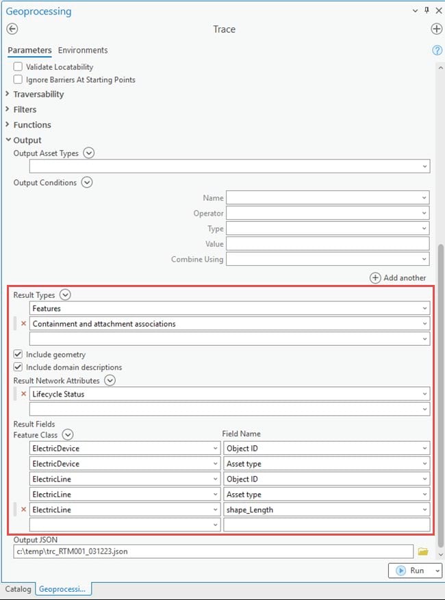 An example of the Trace geoprocessing tool displaying the new Result Types options for Features and Containment and attachment associations and their enabled parameters. An example of the Trace geoprocessing tool displaying the new Result Types options for Features and Containment and attachment associations and their enabled parameters.