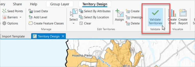 Validate Territories command on the ArcGIS Pro Territory Design ribbon.