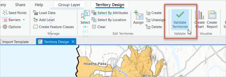 Validate Territories command on the ArcGIS Pro Territory Design ribbon. Validate Territories command on the ArcGIS Pro Territory Design ribbon.