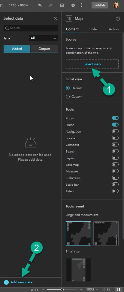 The image displays the steps of clicking Select map on the right-side panel and and then clicking Add new data.