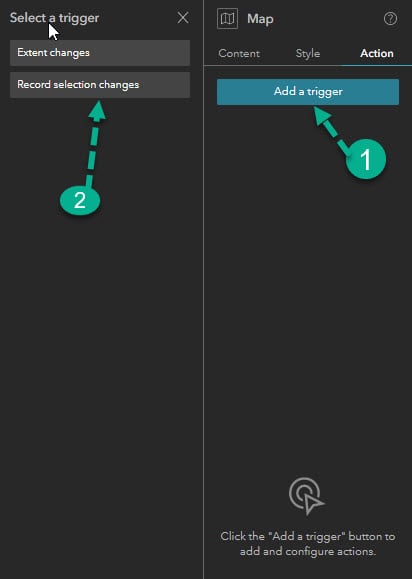 The image displays the steps of clicking Add a trigger and then Record selection changes buttons on the right panel under Action.