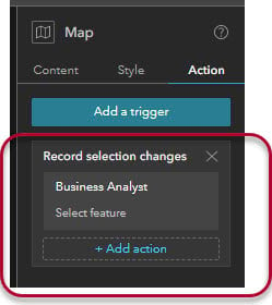 The image shows Business Analyst widget added under Action on the right panel.