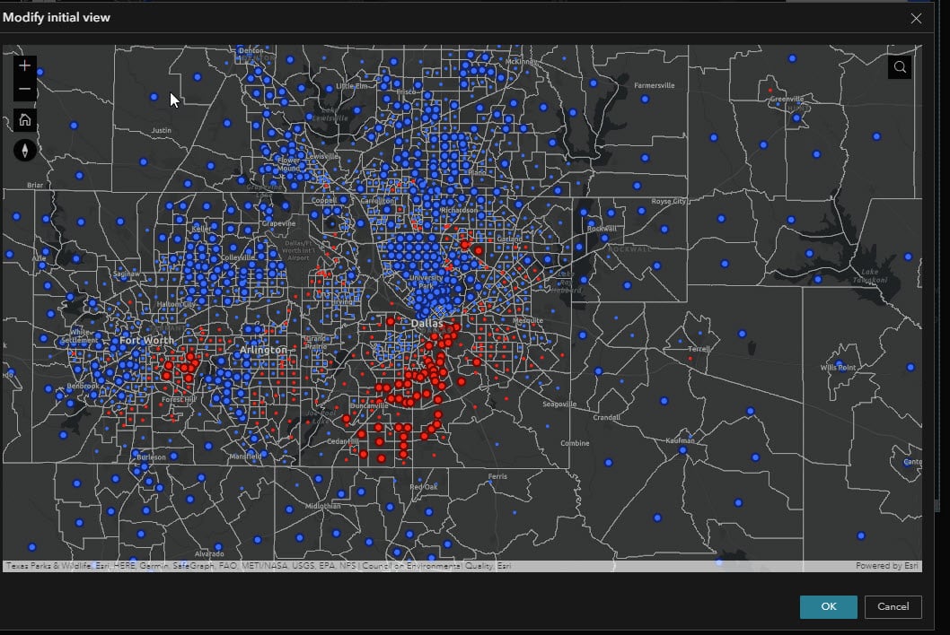 The image displays the modified map extent, zoomed into Dallas Fort Worth area.