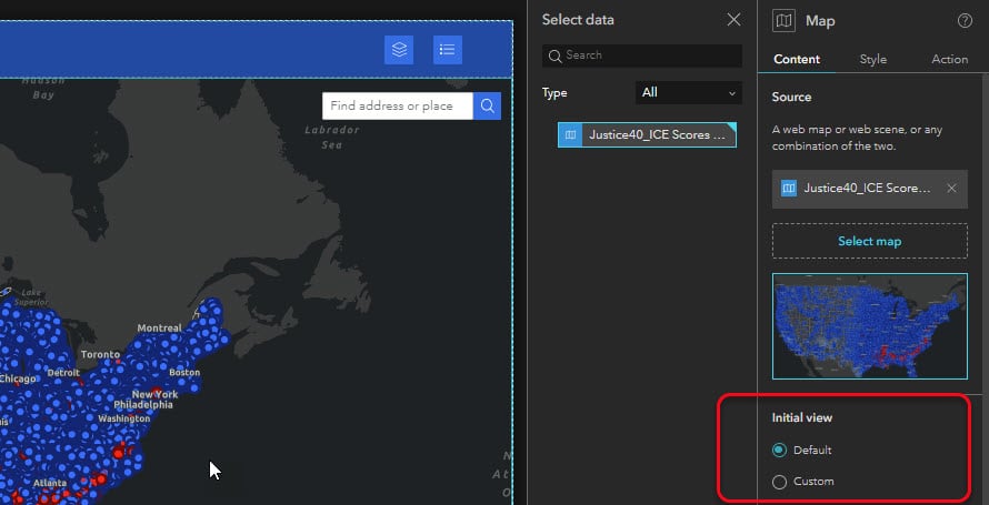 The image displays the Default and Custom map extent options on the right side panel.