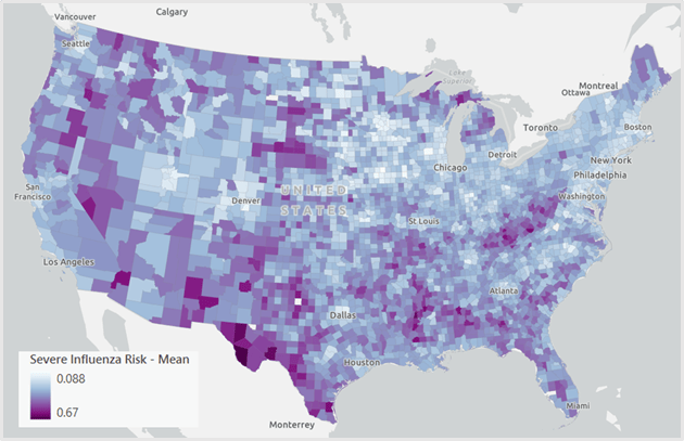 Map of the contiguous U.S. showing the raw flu risk Index as a mean of the preprocessed inputs