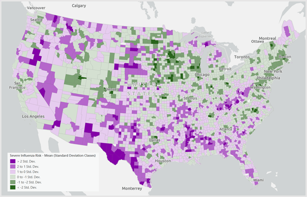 Map of the contiguous U.S. showing severe influenza risk in standard deviation classes.