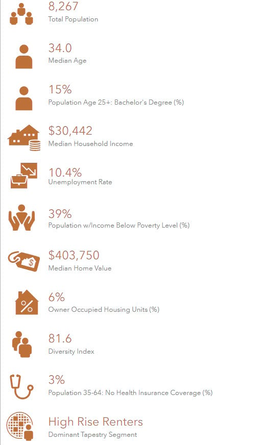 The image displays the interactive infographic with socio-economic information for Bronx County.