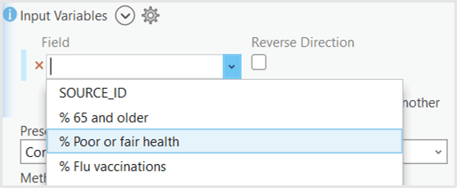 Screenshot of the Index tool showing the drop down to input variables