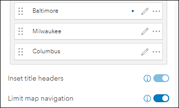 Configuration options for enabling inset title headers and limiting map navigation. Both are toggles that can be enabled or disabled.