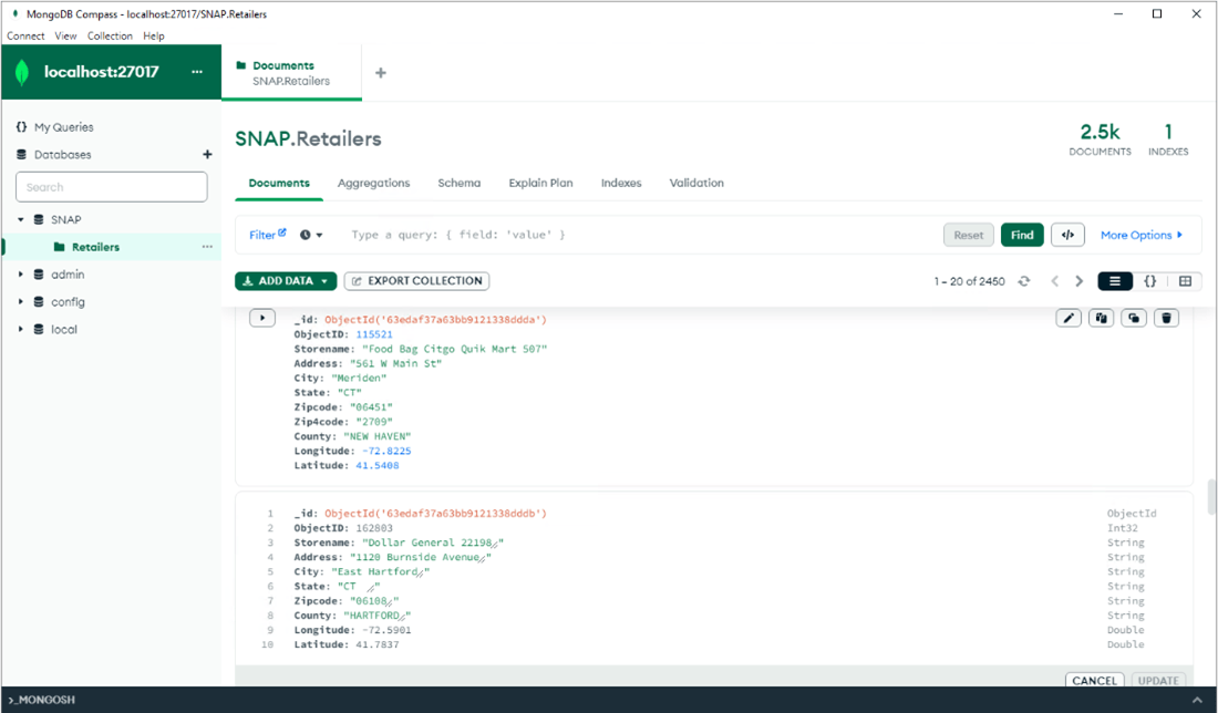 MongoDB database containing the locations of Supplemental Nutrition Assistance Program (SNAP) authorized retailers in Connecticut.