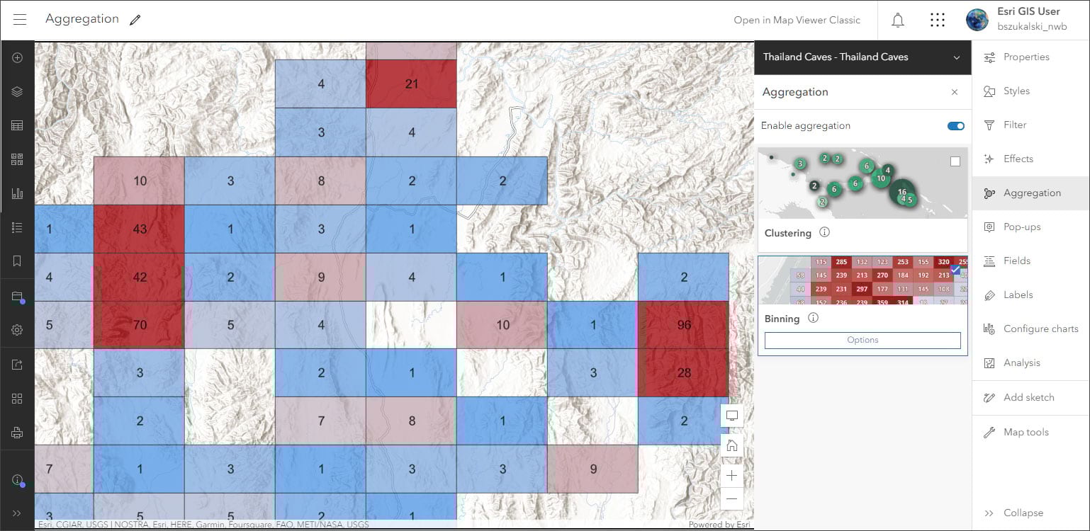 Map Viewer's Aggregation button now lets you configure geohash binning to aggregate point features into summary polygons. Map Viewer's Aggregation button now lets you configure geohash binning to aggregate point features into summary polygons.