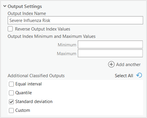 Screenshot of the index tool showing the output settings, including the check box for Standard deviation selected.