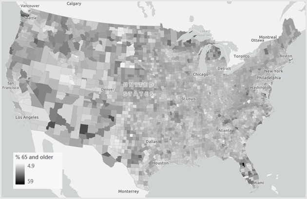 Map of the contiguous U.S. showing the percent of people over 65 in each county