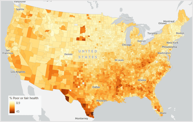 Map of the contiguous U.S. showing the percent of people reporting poor or fair health in each county