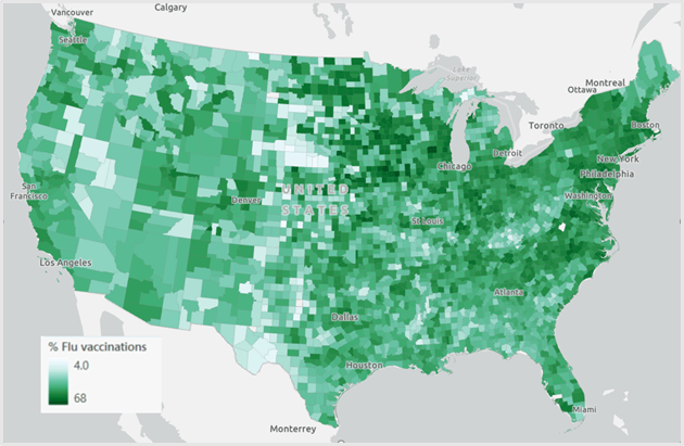 A map of the contiguous U.S. showing the percent of people that receive a flu vaccination in each county